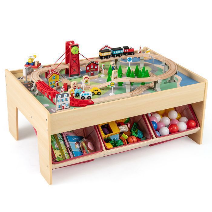 DREAMADE Table de Jeu avec Ensemble de Train en Bois 92 Pièces Table dActivité Multifonction avec Plateaux Réversibles 3 Paniers