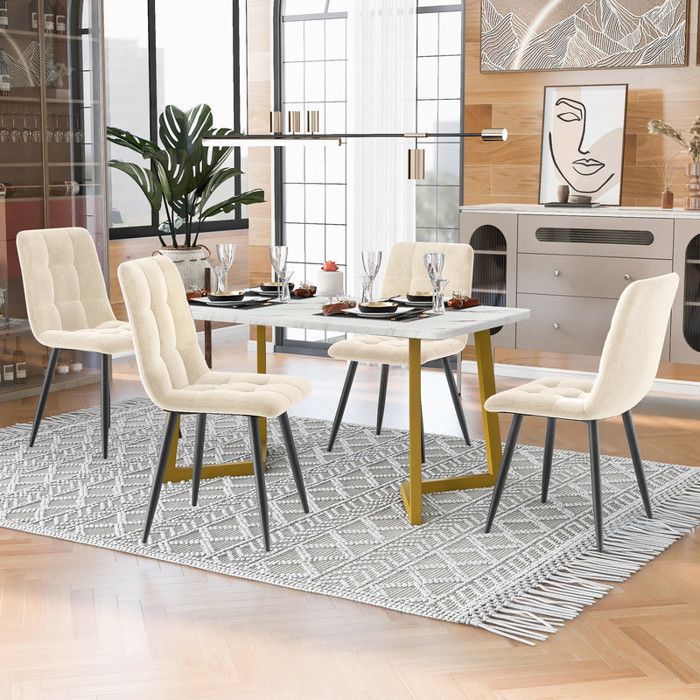 Table à manger - TRUXEN8 - 117cm - Velours Beige - Pieds dorés - Ensemble 4 chaises