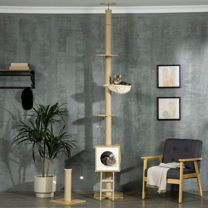 Meilleurs prix pour Arbre à chat sol au plafond hauteur réglable 225-285 cm avec poteau à gratter 4 niveaux niche hamac échelle jeux beige