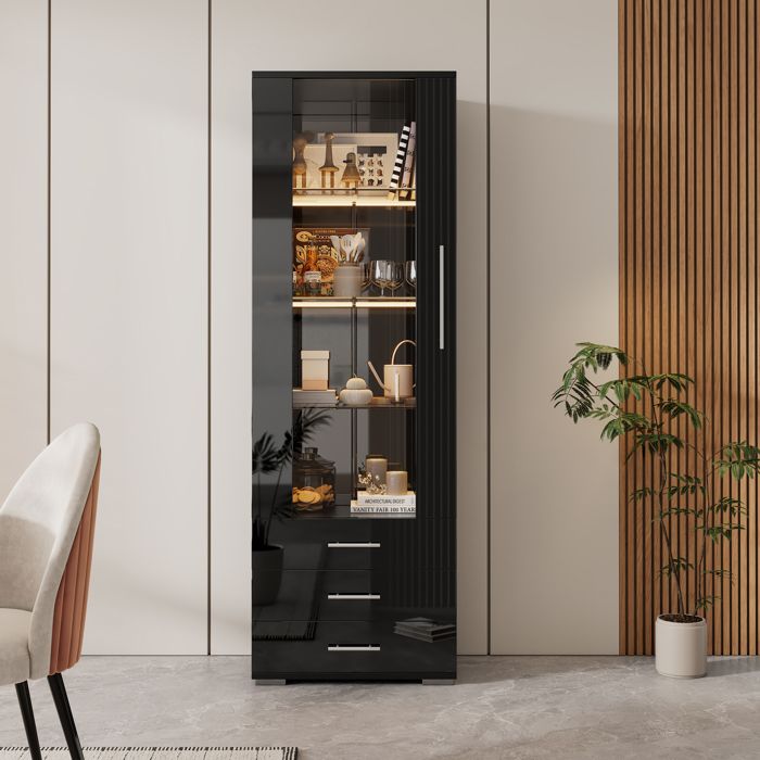Vitrine en verre 60×35×180 cm avec éclairage LED Buffet haut avec 3 tiroirs Buffet salon en noir meuble salon en verre