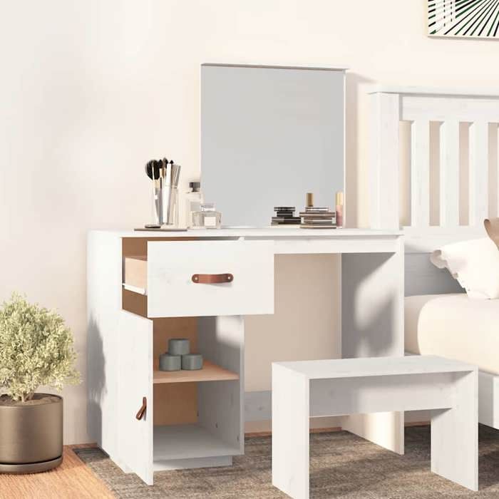 Coiffeuse en bois avec miroir - vidaxl - Blanc - Bois de pin massif - 95x50x135 cm - Grand espace de rangement