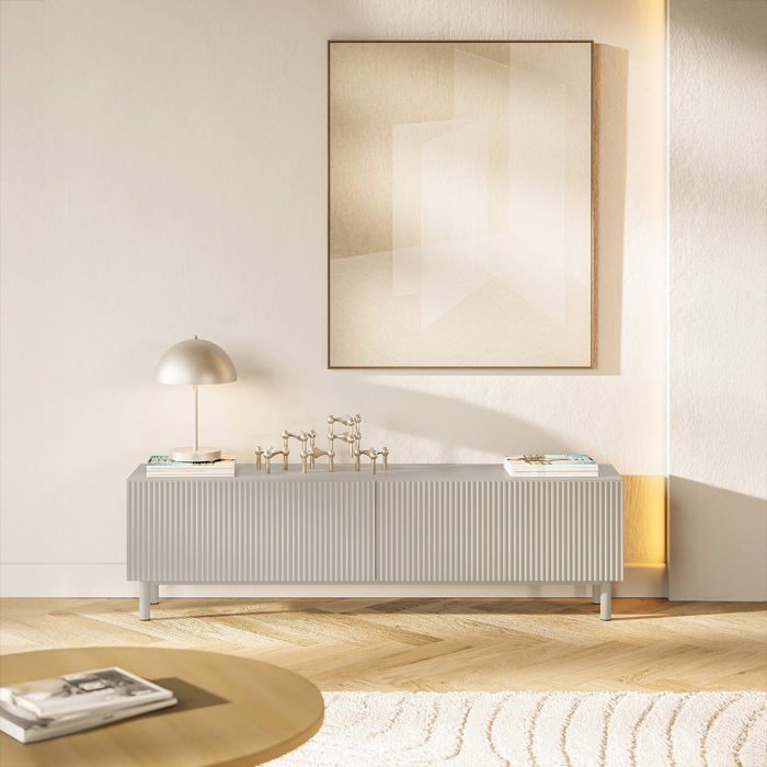 Meuble TV façade à rainures – Veldio New – 140 cm – greige