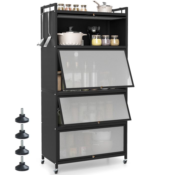 Buffet de Cuisine à 5 Niveaux COSTWAY sur Roulettes Portes Relevables Patins Remplaçables pour Salle à Manger Salon Bureau Noir