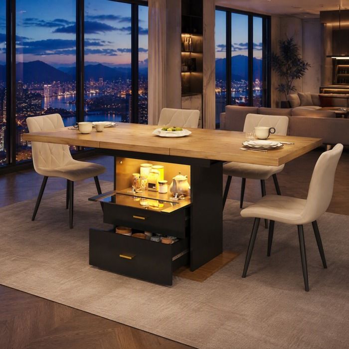 Table à manger Maisentiel extensible 110-140 cm bois effet MDF et métal avec éclairage LED et tiroirs noirs structure stable
