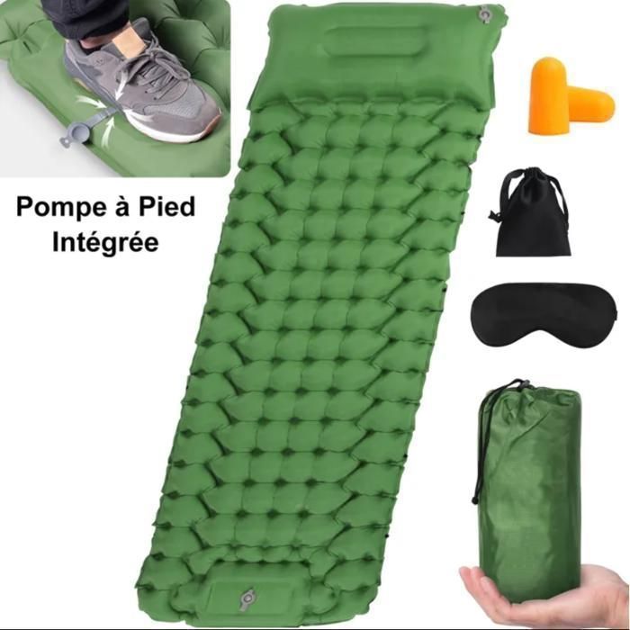 Matelas Gonflable Camping 1 Personne - Pompe à Pied Intégrée Compact & Portable (193x68x8cm) - pour Tente Plage Voyage - Vert