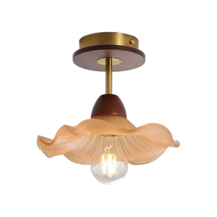 WOTTES 1 x Plafonnier Rétro avec Abat-jour en Verre Ambre et Noyer Fleurs Design Lampe Vintage E27 Ø23CM Luminaire Couloir