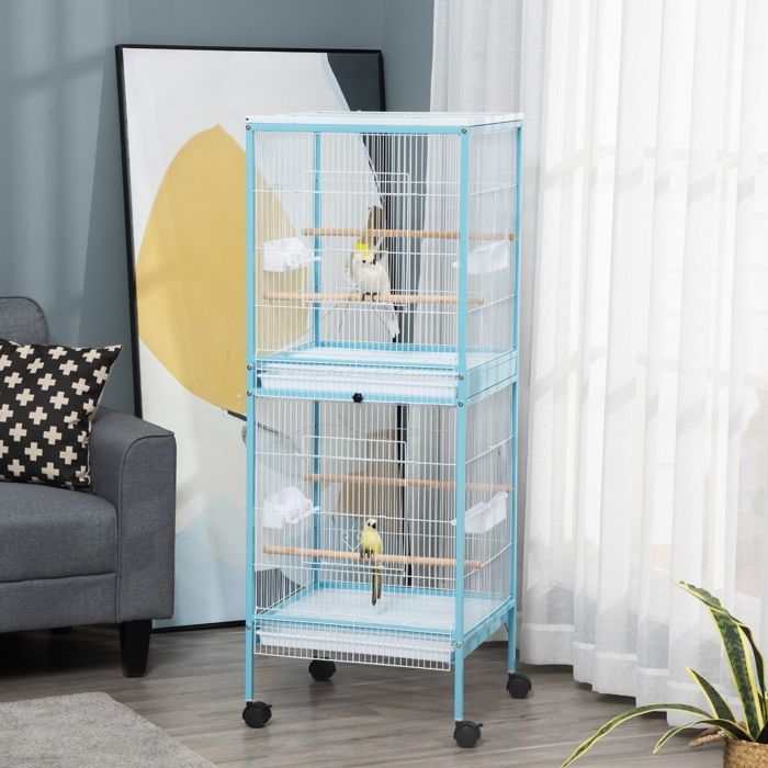 Grande Cage à Oiseaux sur pied double avec mangeoires perchoirs plateau amovible roulettes - Dim. 515L x 50l x 140H cm