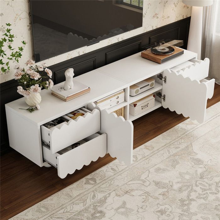 Meuble TV Scandinave Discret Blanc avec Rangement Meuble Salon TV Bas avec 4 Tiroirs et Armoires Design Unique Style 175x38x37 cm