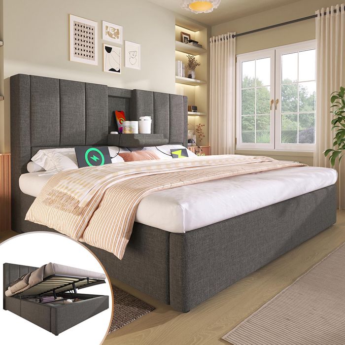 Lit coffre rembourré 180x200 cm avec porte-gobelet - Ports USB et Type C - Lit hydraulique avec rangement - Lin - Gris