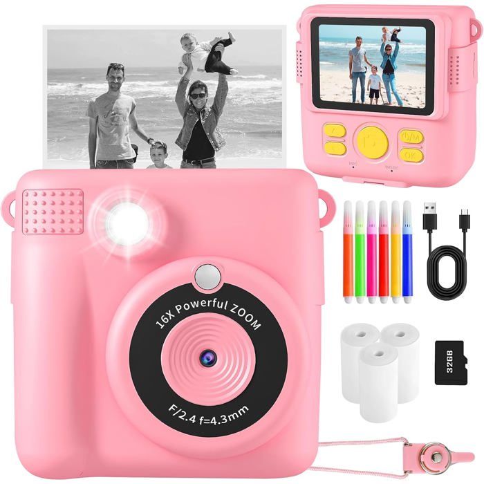 Appareil Photo Instantané Enfant Avec Écran 2,4″ – 40MP, Vidéo 1080P, Carte 32Go, 3 Rouleaux Papier, 6 Stylos, Coque Silicone, Cadeau 3-12 Ans Cadeau Photo Enfant 3-12 Ans