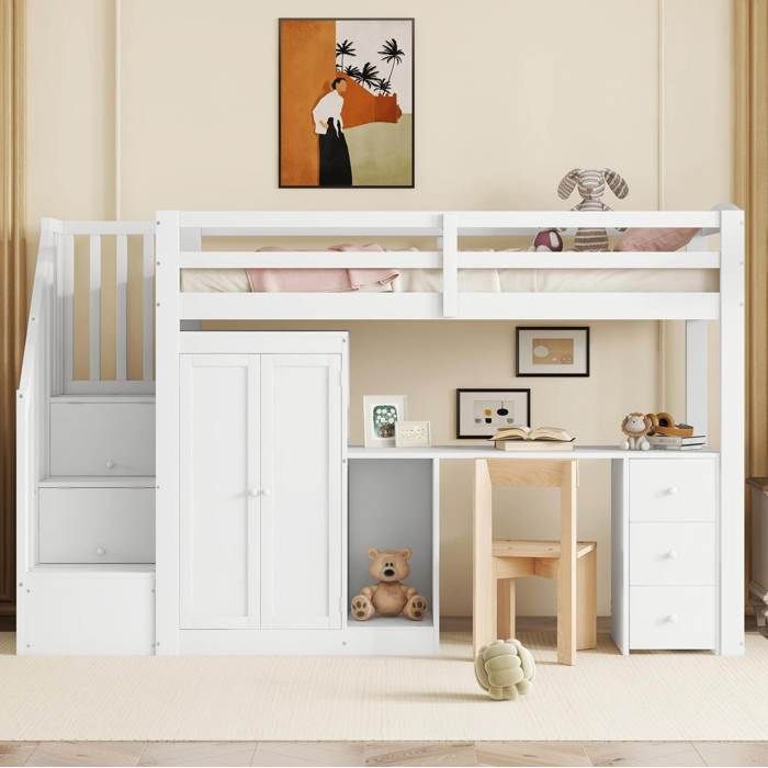 Lit mezzanine blanc 90 x 200 cm avec bureau armoire tiroirs et escalier de rangement