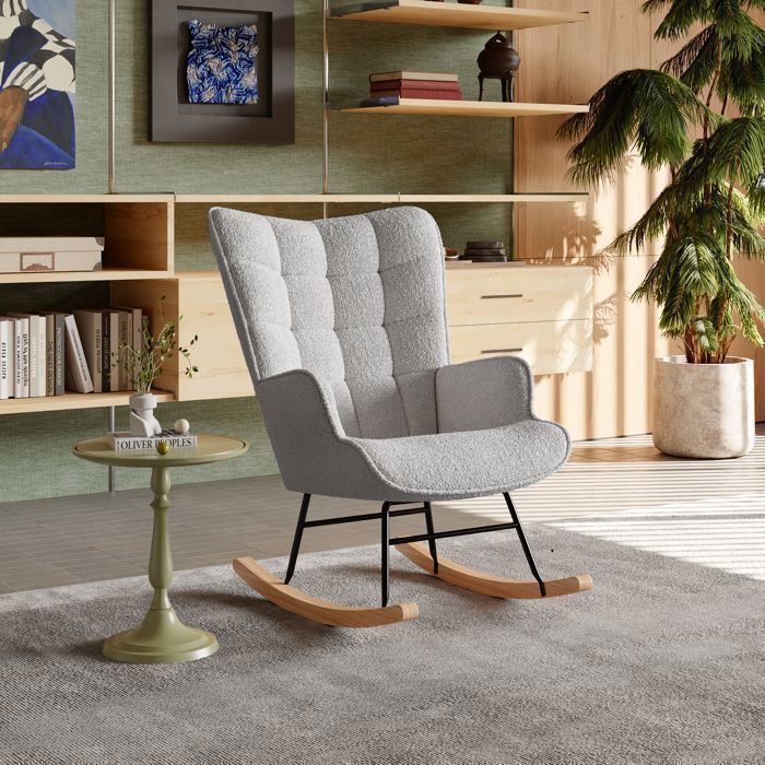 Fauteuil Bascule 75 x 68 x 92 cm Gris Clair Bouclette Rocking Chair Allaitement Style Scandinave pour Salon et Chambre