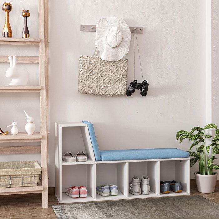 MOTHINESSTO4413-Bibliothèque banc 2 en 1 avec 5 compartiments de rangement et 2 coussins 108 x 30 x 60 cm blanc bleu