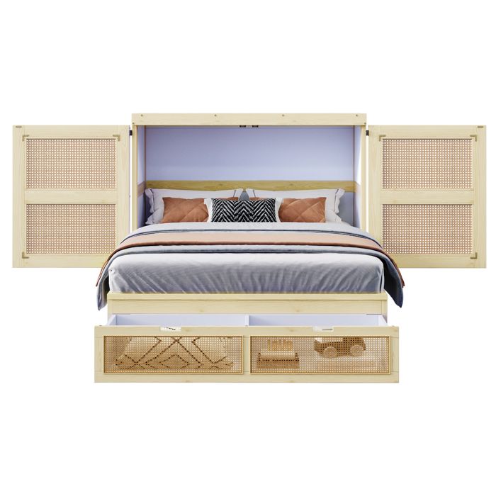 VLIVRA Lit escamotable Lit Double rangement avec tiroirs et portes à ouverture 270° 140×200 cm sans matelas en Bois Naturel