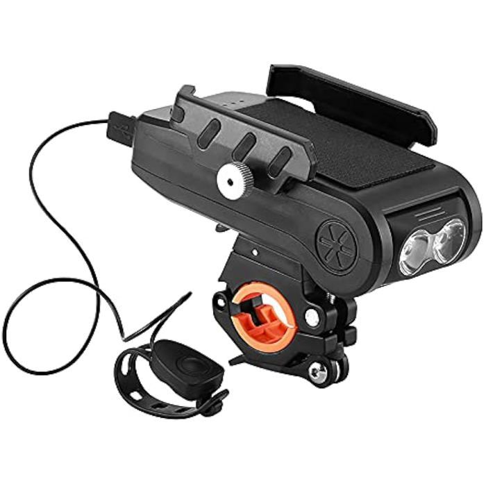 Lampe Vélo – Nosheir – 4 en 1 (feu avant klaxon support téléphone batterie) – 4000mAh – pour vélo de route VTT et ville
