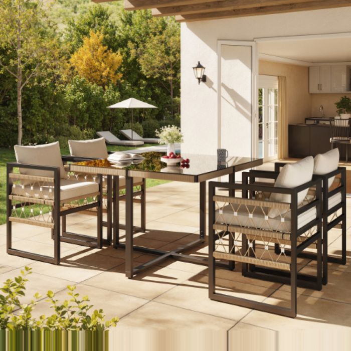 Ensemble de jardin ensemble canapé tissé main pour 4 personnes structure en fer robuste 4 coussins beiges 1 table en ver