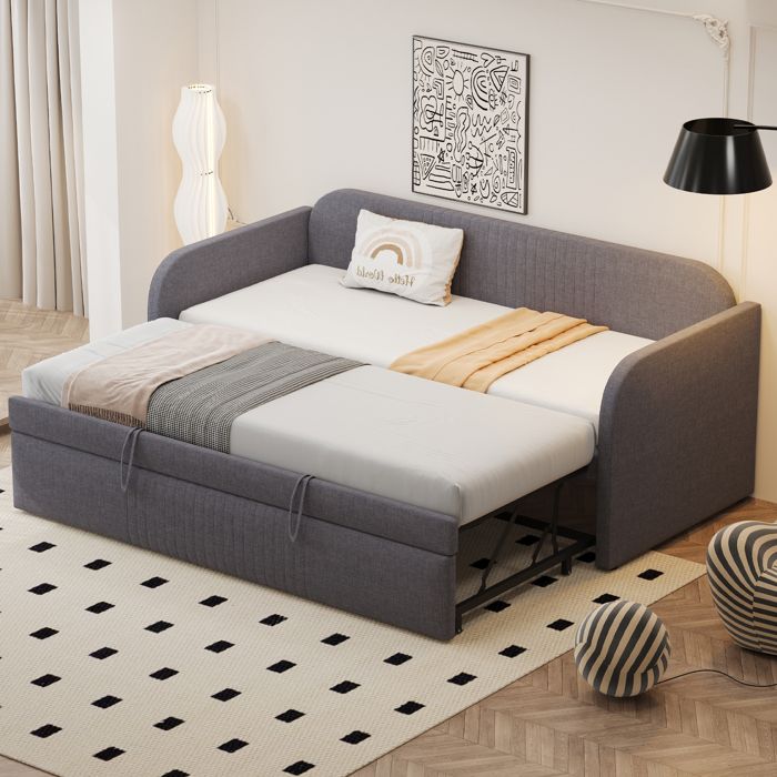 Canapé lit convertible 90/180x190 cm rayures verticales sommier lattes lin multifonction matelas non inclus gris Canapé lit convertible 90/180x190 cm rayures verticales sommier lattes lin multifonction matelas non inclus gris