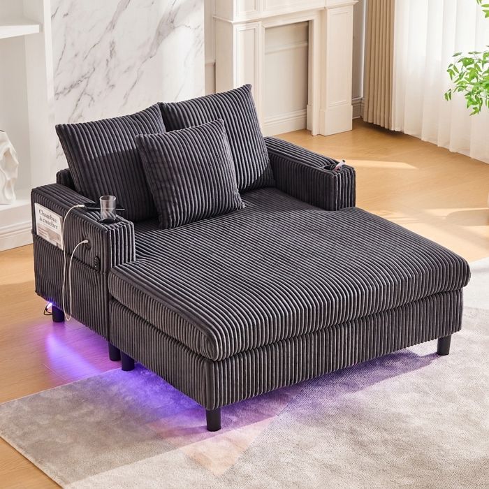 Chaise Longue XL Velours Doux Porte-Gobelets Ports USB Éclairage LED Intégré - Fauteuil de Relaxation Salon et Chambre