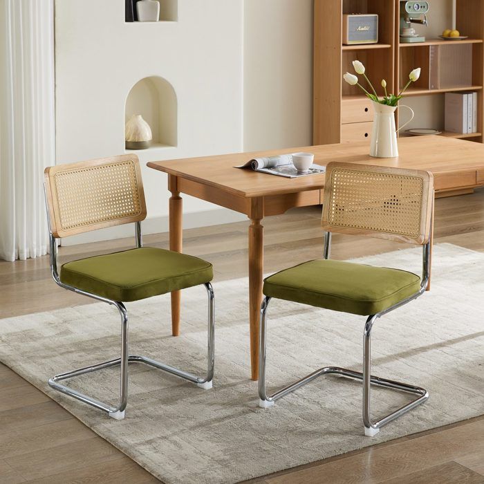 Chaise cuisine milieu du siècle 2 pièces velours canne naturel chrome base chaise Breuer olive