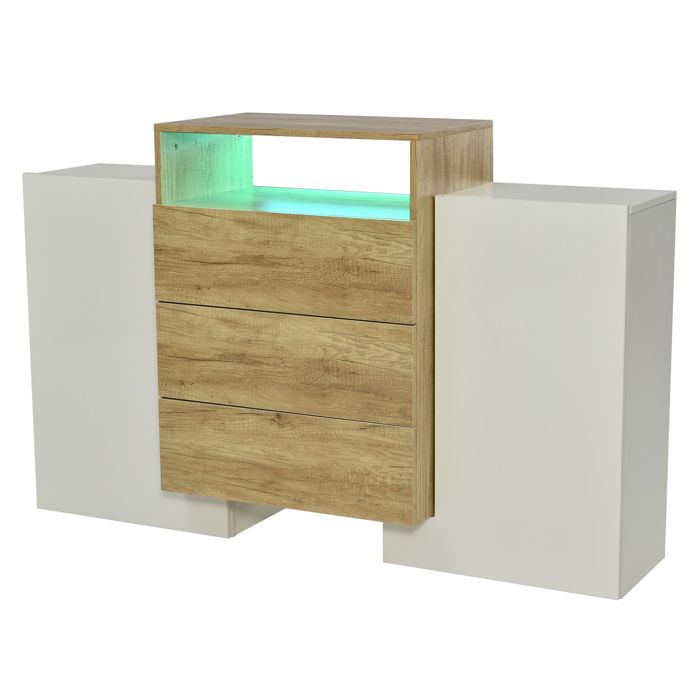 Buffet Blanc et Bois avec LED Buffet de Salon avec 2 Portes et 3 Tiroirs Commode Blanc Laqué Armoire de Rangement 140x30x90 cm