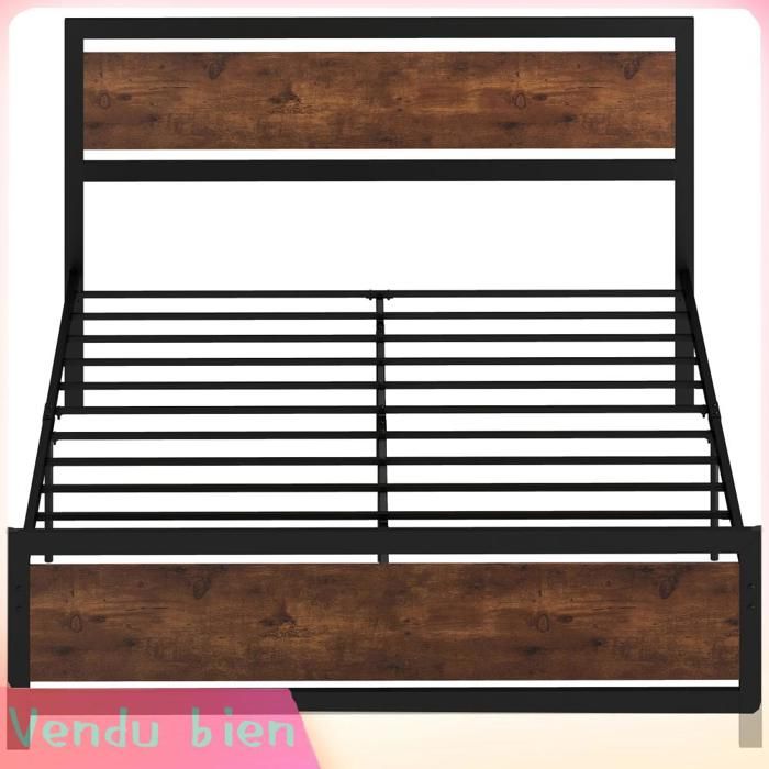 LIA Cadre lit double acier sommier tête lit compatible matelas 200x160cm bois foncé