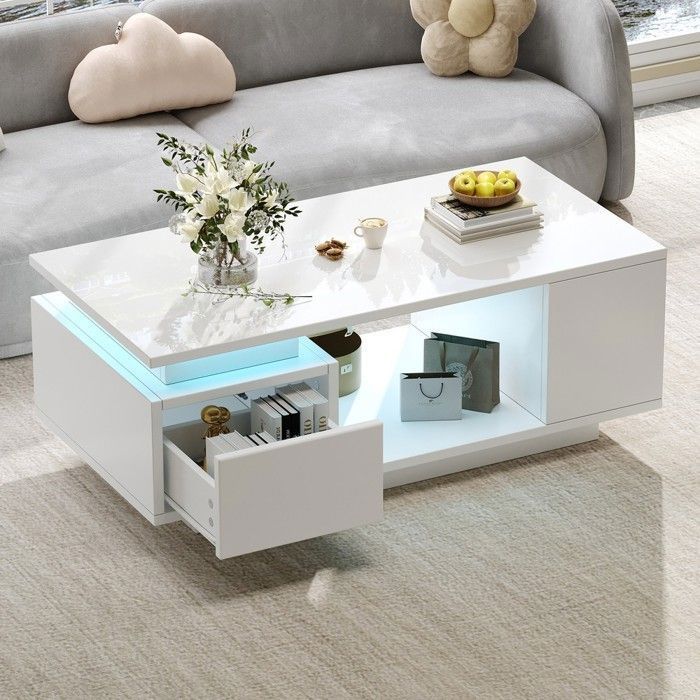 Table basse - MINIMAL - 100x50x36 cm - Finition brillante - LED contrôlable tiroir Table basse - MINIMAL - 100x50x36 cm - Finition brillante - LED contrôlable tiroir