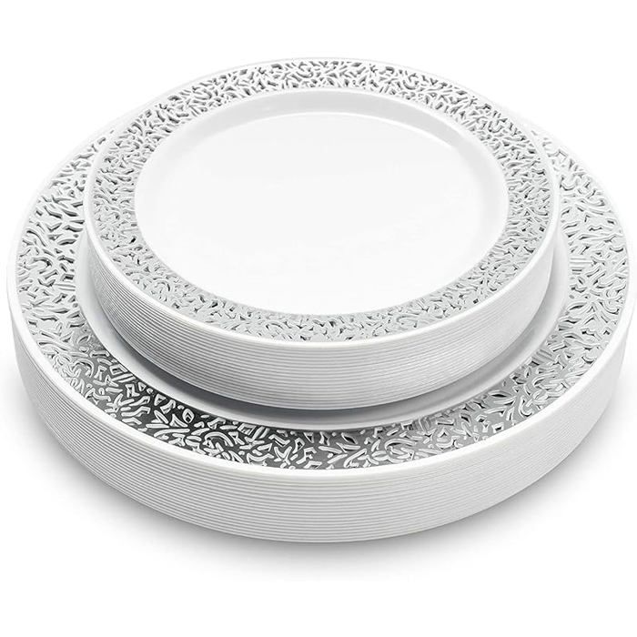 40 Assiettes Blanches Élégantes avec Bordure Argentée pour Mariages 40 Pièces Ensemble Dassiettes en Argent 19 et 26 Cm
