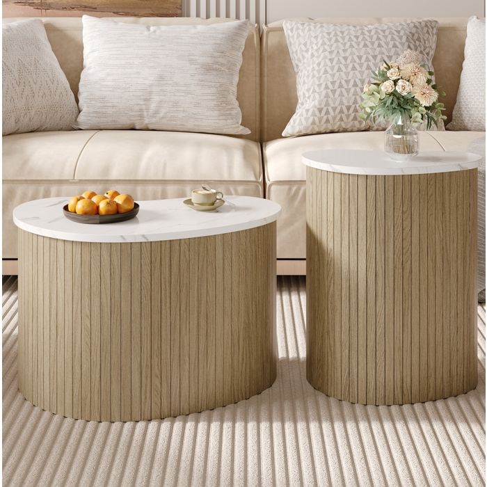 COVREO Lot de 2 tables basses asymétriques effet marbre blanc et bois naturel MDF