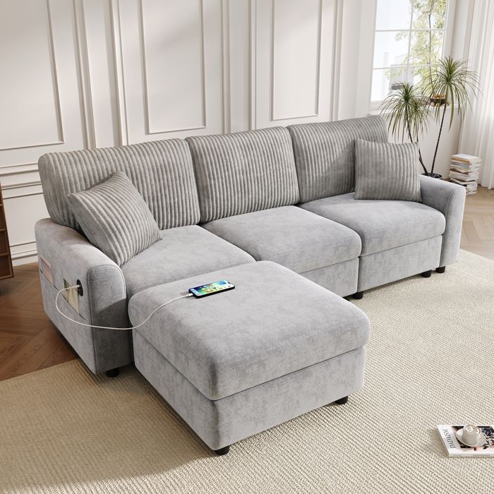 Canapé dangle - Becag - Canapé 4 Places avec port USB et Type-C - Canapé convertible - 223x146x84cm - Chenille+Velours Côtelé Gris