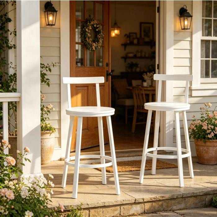 WOVREO Lot de 2 tabourets de bar blancs avec dossier courbe assise ronde en MDF métal hauteur 65 cm