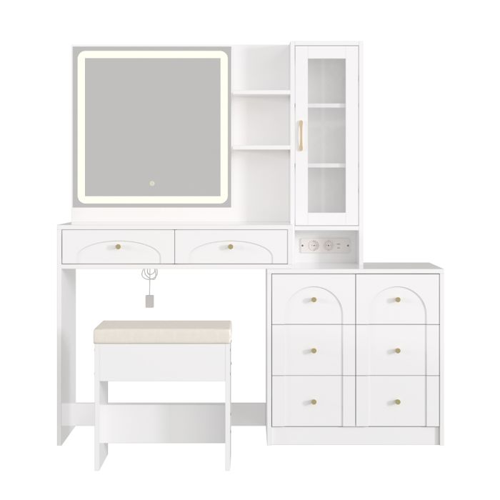 Grande coiffeuse avec miroir LED prise électrique 8 tiroirs et tabouret blanche 131 5 x 40 x 140 cm Grande coiffeuse avec miroir LED prise électrique 8 tiroirs et tabouret blanche 131 5 x 40 x 140 cm