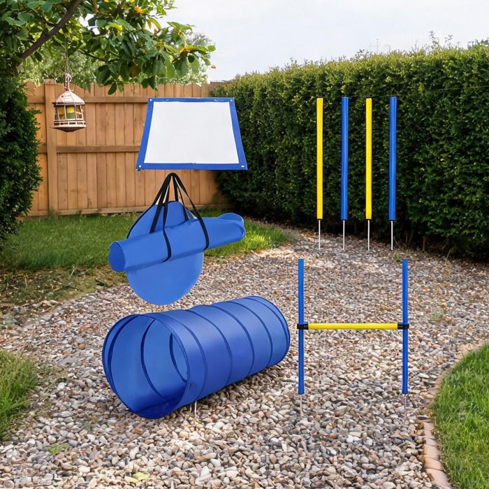 Set d’agility 5 pièces pour chien - Tunnel slalom haie réglable et aire de départ - Soft yellow - Transportable en sac