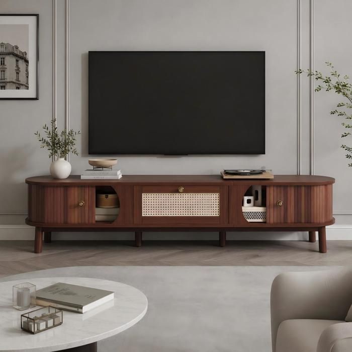 Meuble TV Rotin 170 cm COZHYESS Meuble TV Bas Effet Bois avec Portes Tiroirs Grand Rangement pour TV 50-59 Pouces - Bois Naturel