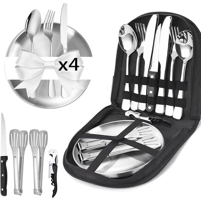Kit vaisselle de camping pour 4 personnes 21 ustensiles en acier inoxydable réutilisables sac de rangement portable inclus