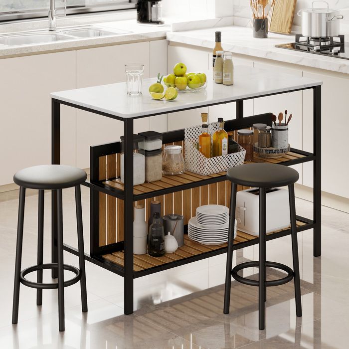 Ensemble Table de Bar et 2 Tabourets COSTWAY Table à Manger à 2 Étagères à Plateau Spacieux Imitation Marbre 2 Chaises Hautes