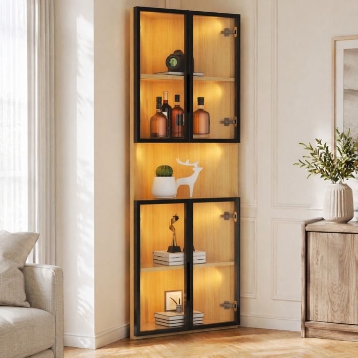 Maisentiel vitrine d’angle LED 62 x 32 x 160 cm en MDF aspect chêne verre trempé et cadre aluminium