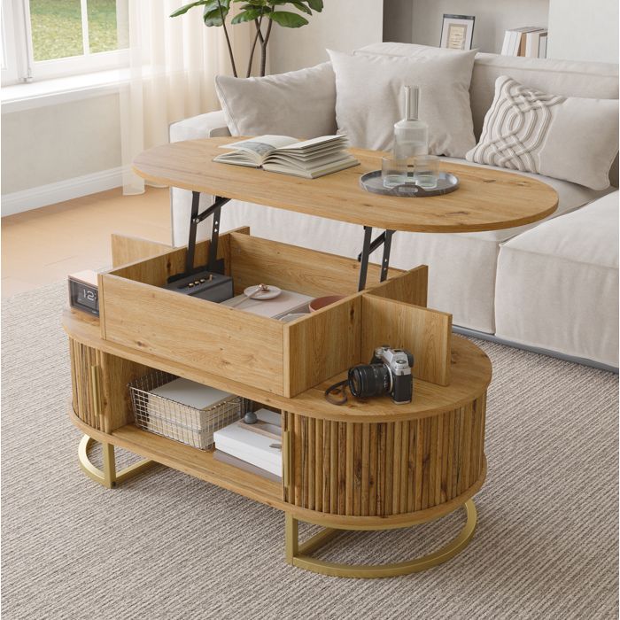 Table basse ovale relevable 100 x 50 cm en MDF rangement caché 2 portes coulissantes naturel