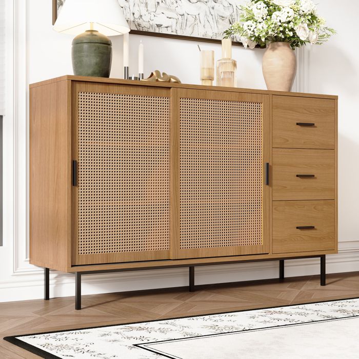 Buffet bahut bas Salon Bois naturel 2 portes et 3 tiroirs 140 x 37 x 91 cm Meuble de Rangement Salle à Manger Style Scandinave