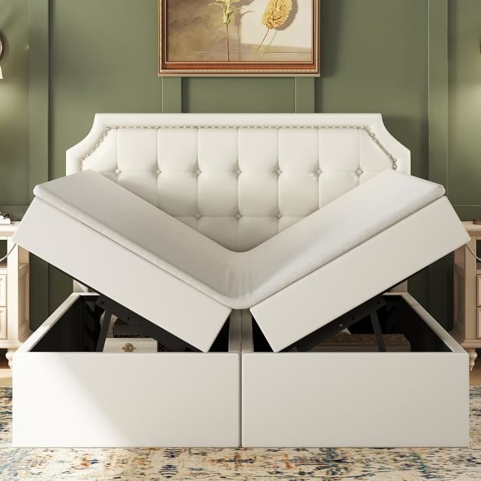 lit coffre adulte 140x200cm, avec sommier à lattes structure métal, coffres de lit des deux côtés - aapaas - blanc