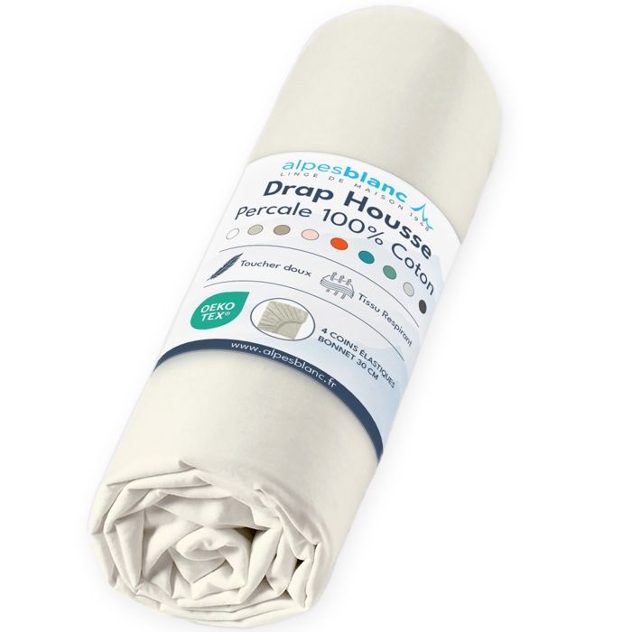 ALPES BLANC - Drap housse Percale 80 fils - Naturel 140x190 cm - Grand bonnet 30 cm – Fabrication Européenne – Doux résistant ALPES BLANC - Drap housse Percale 80 fils - Naturel 140x190 cm - Grand bonnet 30 cm – Fabrication Européenne – Doux résistant