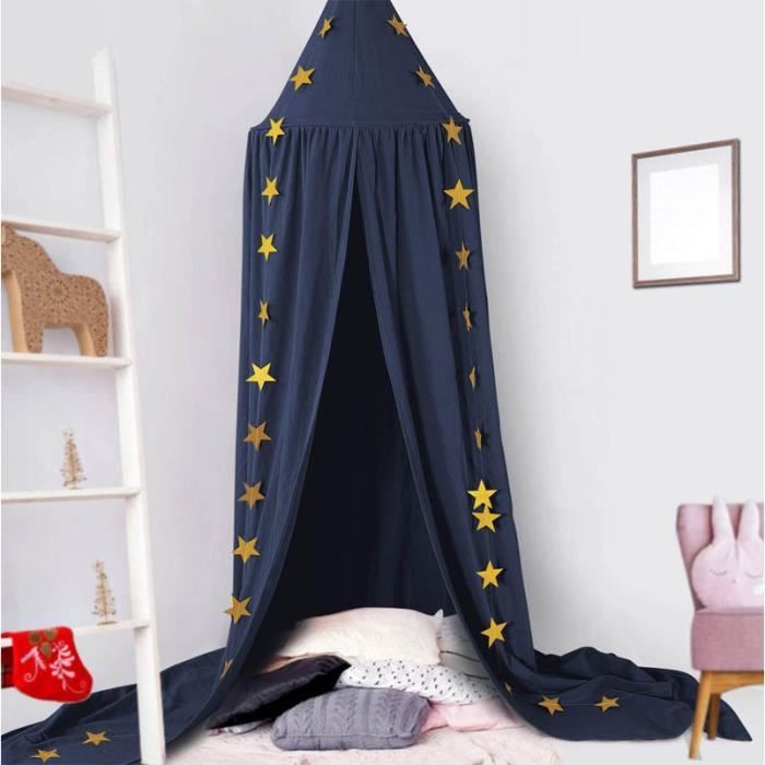 Ciel de Lit Bébé Enfant Tente de Lecture Coton avec Etoile Fille Décoration Chambre à Coucher 240cm*275cm (Bleu Foncé)