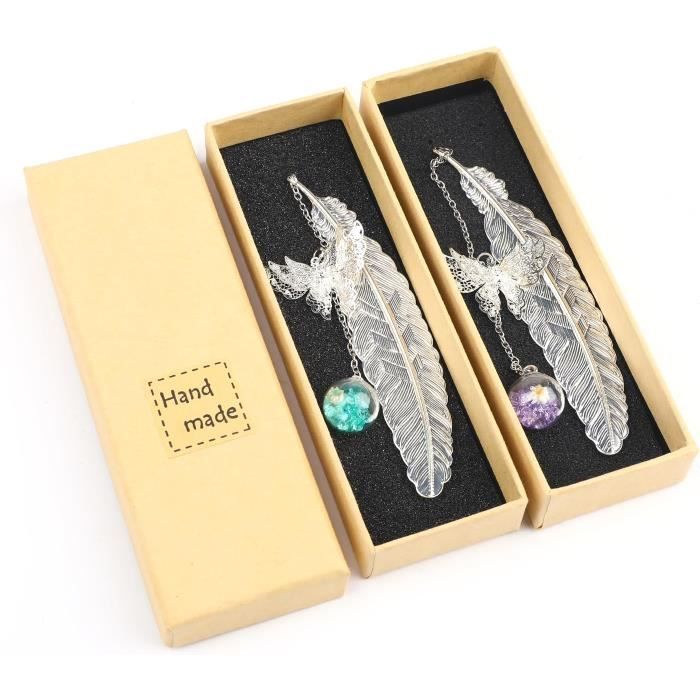 Marque-Page Plume Métal Papillon & Fleur Séchée - Signet Élégant Pour Lecteurs, Argent & Pourpre