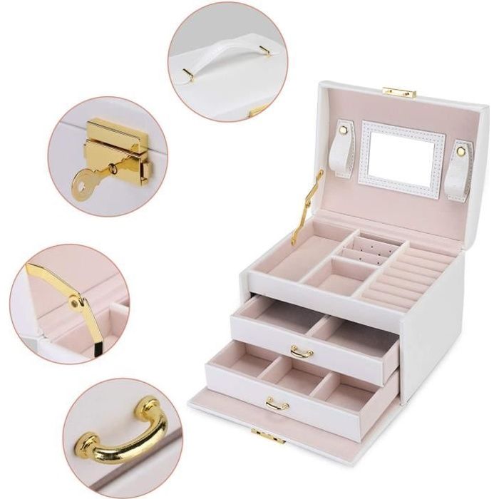 Boîte à Bijoux Organisatrice à Double étage En Cuir PU Et Velours - Blanche Avec Serrure