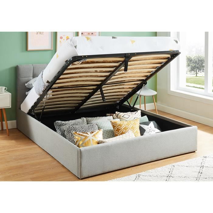 Lit Coffre 160x200 Gris Clair Sommier A Lattes Relevable Collection Tommy 160 X 200 Cm Cdiscount Sante Mieux Vivre