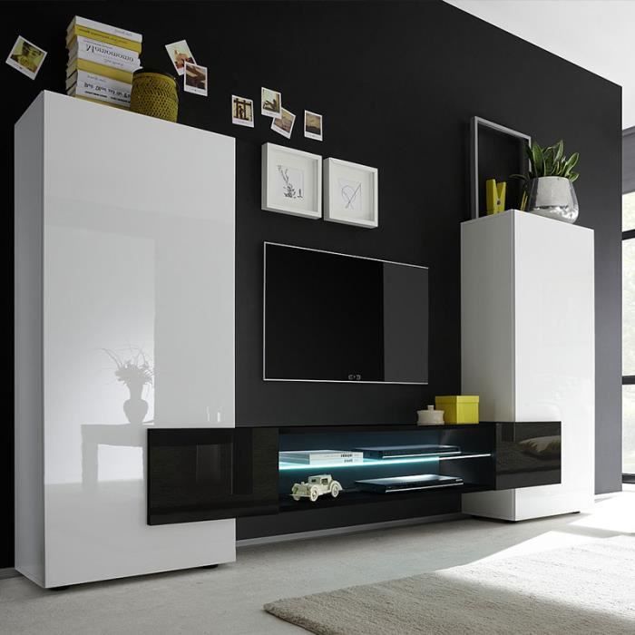 Meuble Tv Mural Blanc Et Noir Laque Luxor Avec Eclairage Cdiscount Maison