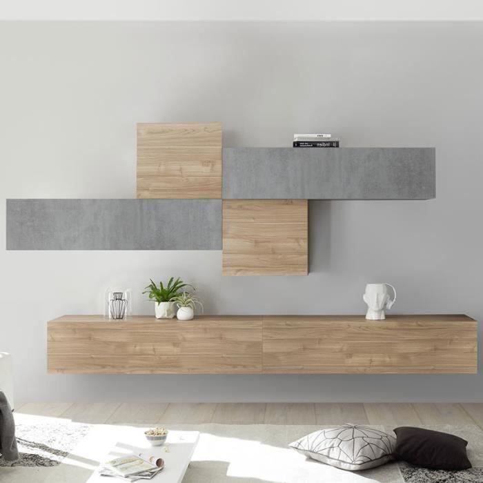 mur tv design gris et couleur chene papiano marron