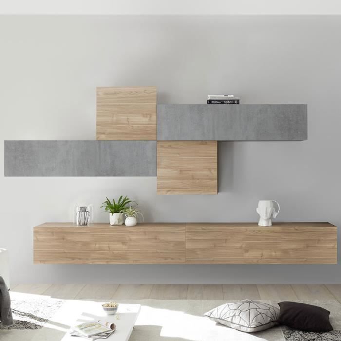 Mur Tv Design Gris Et Couleur Chêne Papiano Marron L 275 X P 30 X H 200 Cm