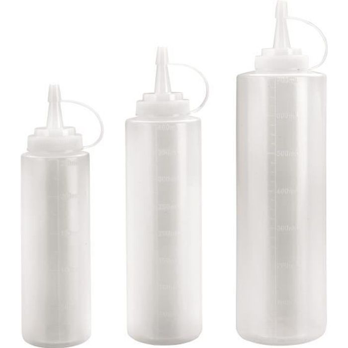 flacon doseur plastique souple - plastique translucide gradue avec bouchon - contenance 0,250 l - passe au lave-vaisselle