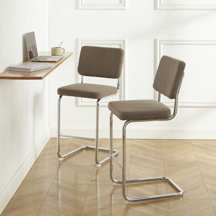 Lot de 2 tabourets mi-hauts JACK velours cotelé grège pied métal Lot de 2 tabourets mi-hauts JACK velours cotelé grège pied métal