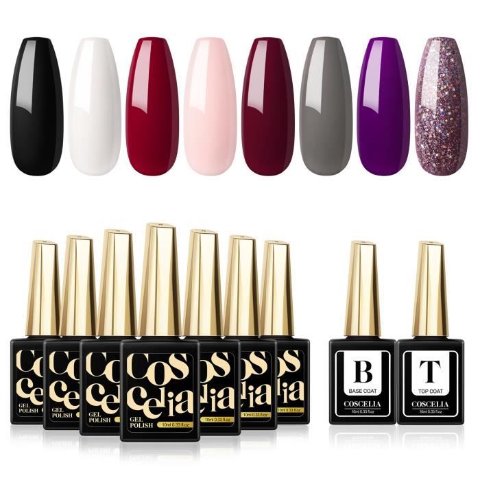 COSCELIA Vernis Semi Permanent 8 Couleurs avec Top Coat Base Coat 10ml